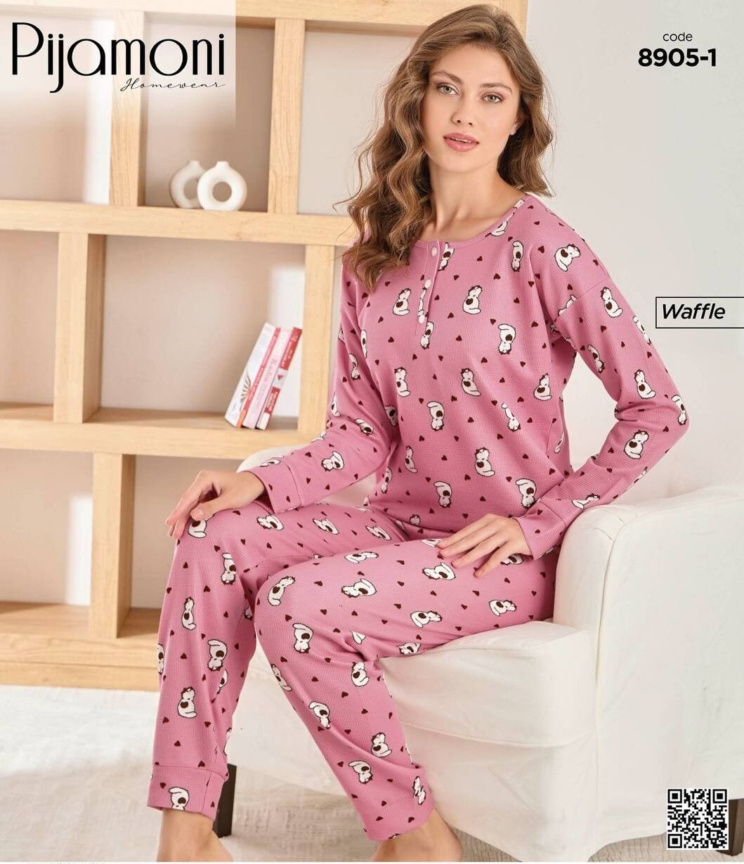 PİJAMONİ 8905-1 BAYAN WAFFLE PİJAMA TAKIM
