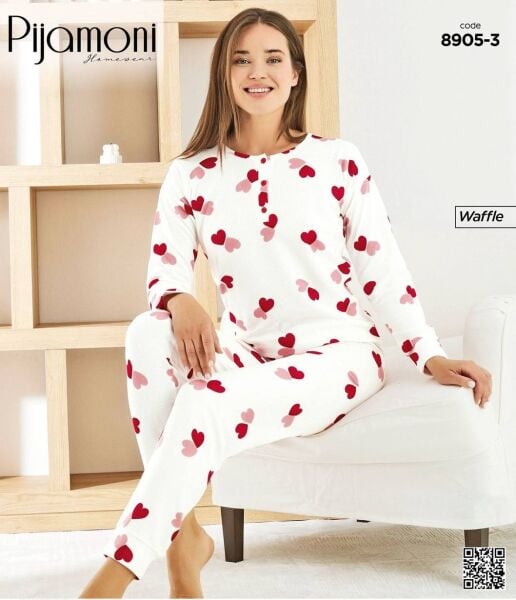 PİJAMONİ 8905-3 BAYAN WAFFLE PİJAMA TAKIM
