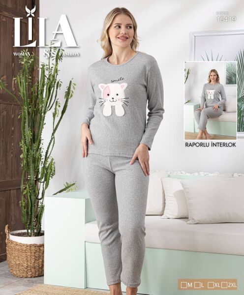 LİLA 15419 BAYAN RAPORLU İNTERLOK PİJAMA TAKIMI