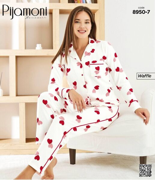 PİJAMONİ 8950-7 BAYAN WAFFLE PİJAMA TAKIM