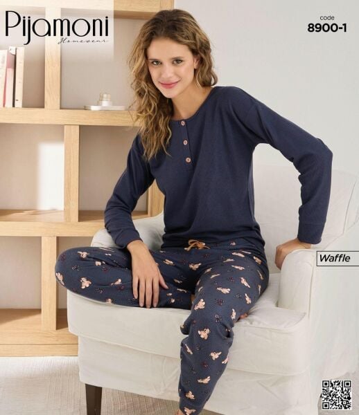 PİJAMONİ 8900-1 BAYAN WAFFLE PİJAMA TAKIM