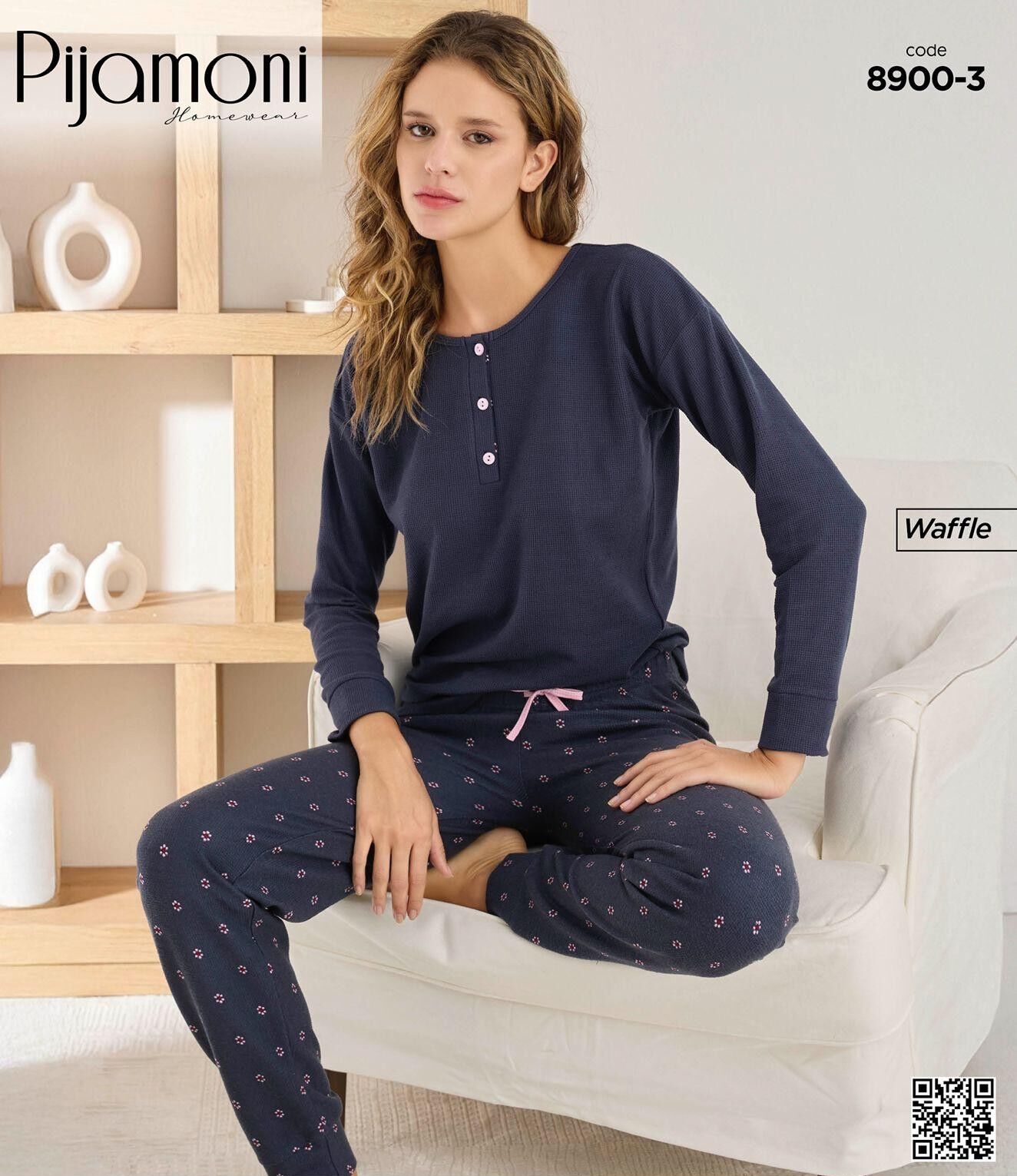 PİJAMONİ 8900-3 BAYAN WAFFLE PİJAMA TAKIM