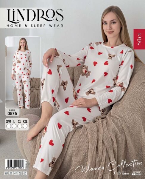 LİNDROS 0575 BAYAN SÜET SIFIRYAKA PİJAMA TAKIMI
