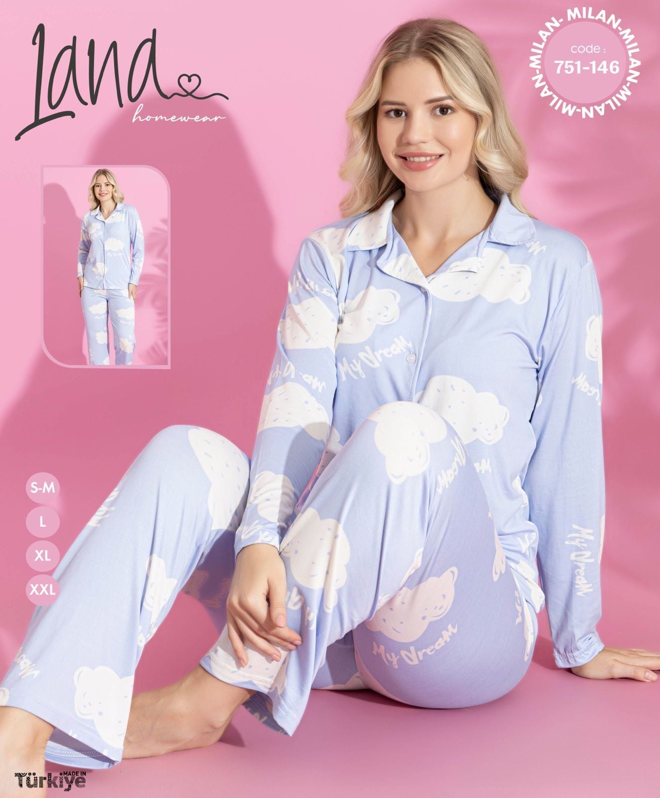 LANA 751-146 BAYAN MİLAN GÖMLEK PİJAMA TAKIM