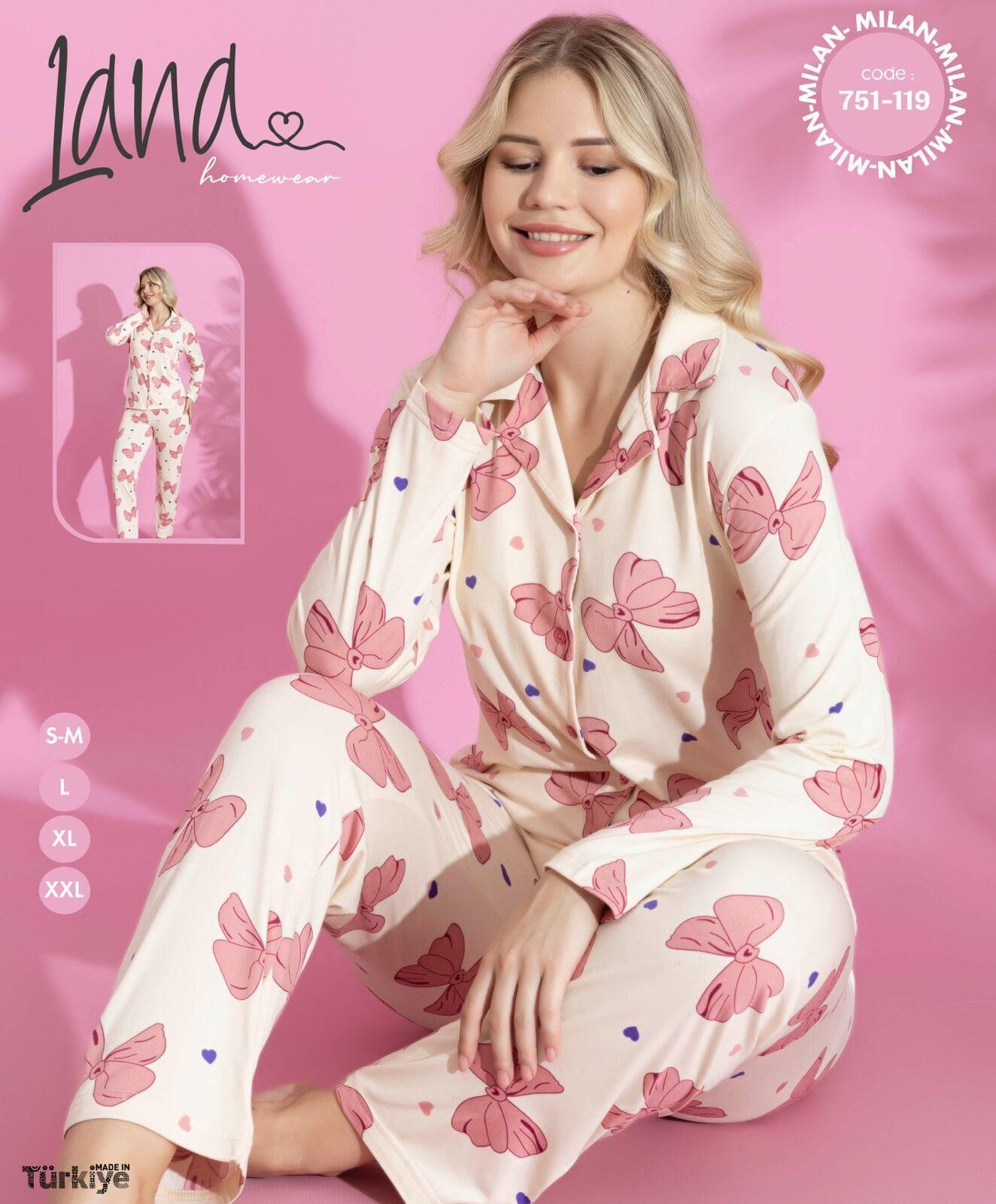 LANA 751-119 BAYAN MİLAN GÖMLEK PİJAMA TAKIM