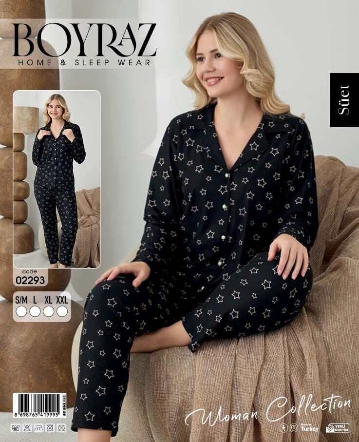 BOYRAZ 02293 BAYAN SÜET DÜĞMELİ PİJAMA TAKIMI