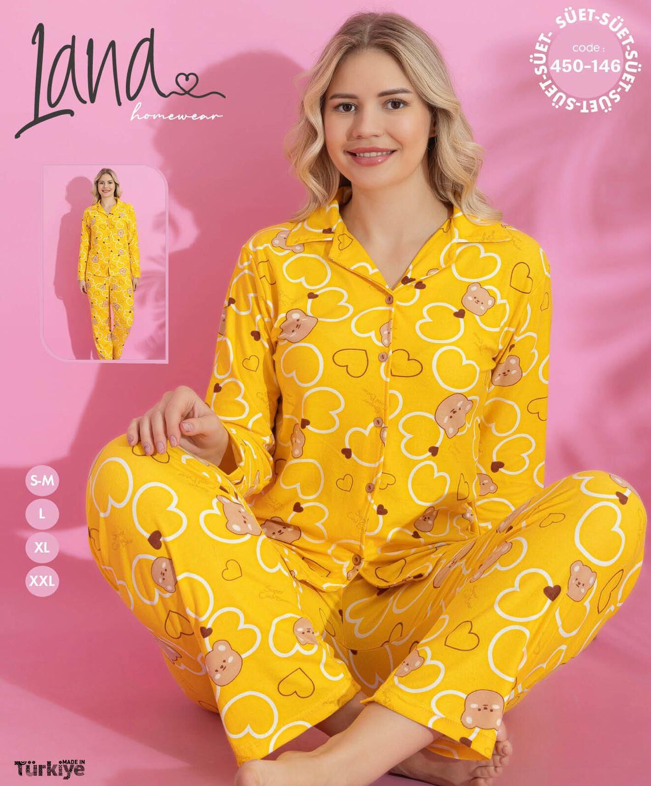 LANA 450-146 BAYAN SÜET DÜĞMELİ PİJAMA TAKIMI