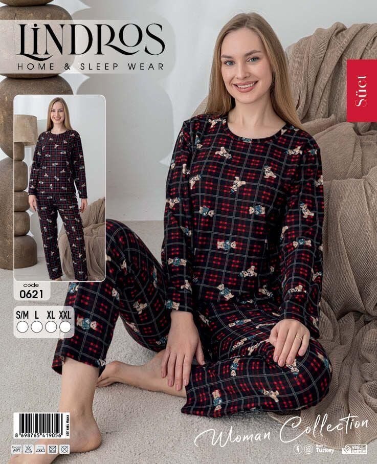 LİNDROS 0621 BAYAN SÜET SIFIRYAKA PİJAMA TAKIMI