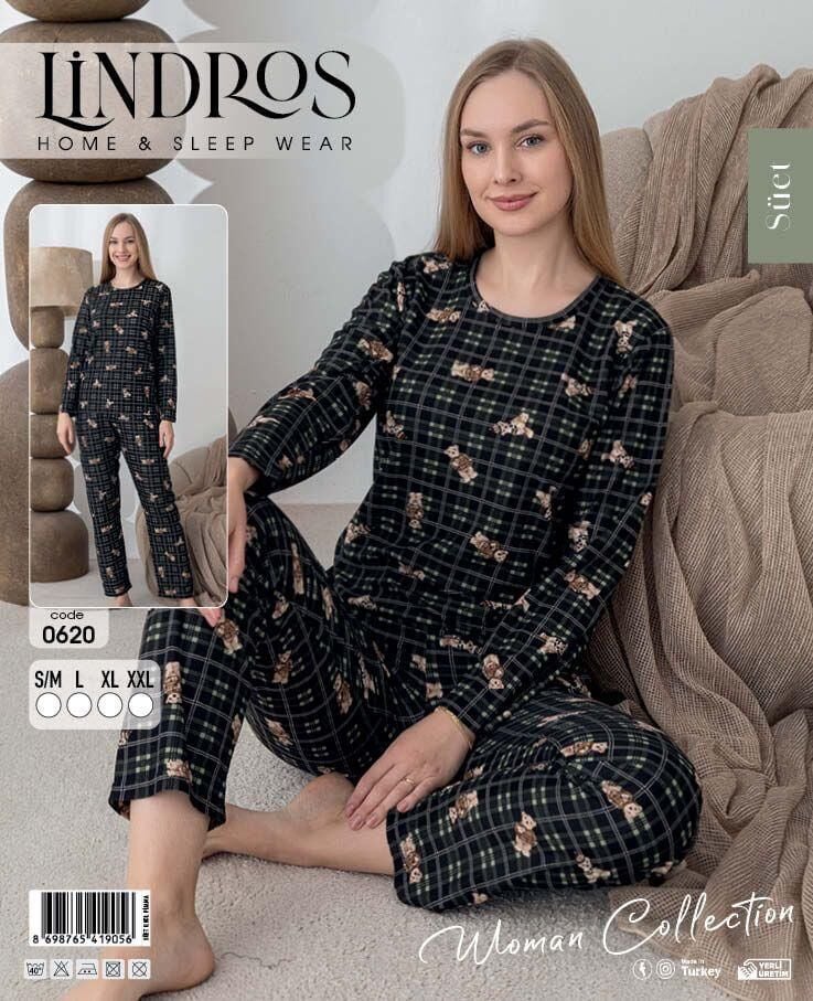 LİNDROS 0620 BAYAN SÜET SIFIRYAKA PİJAMA TAKIMI