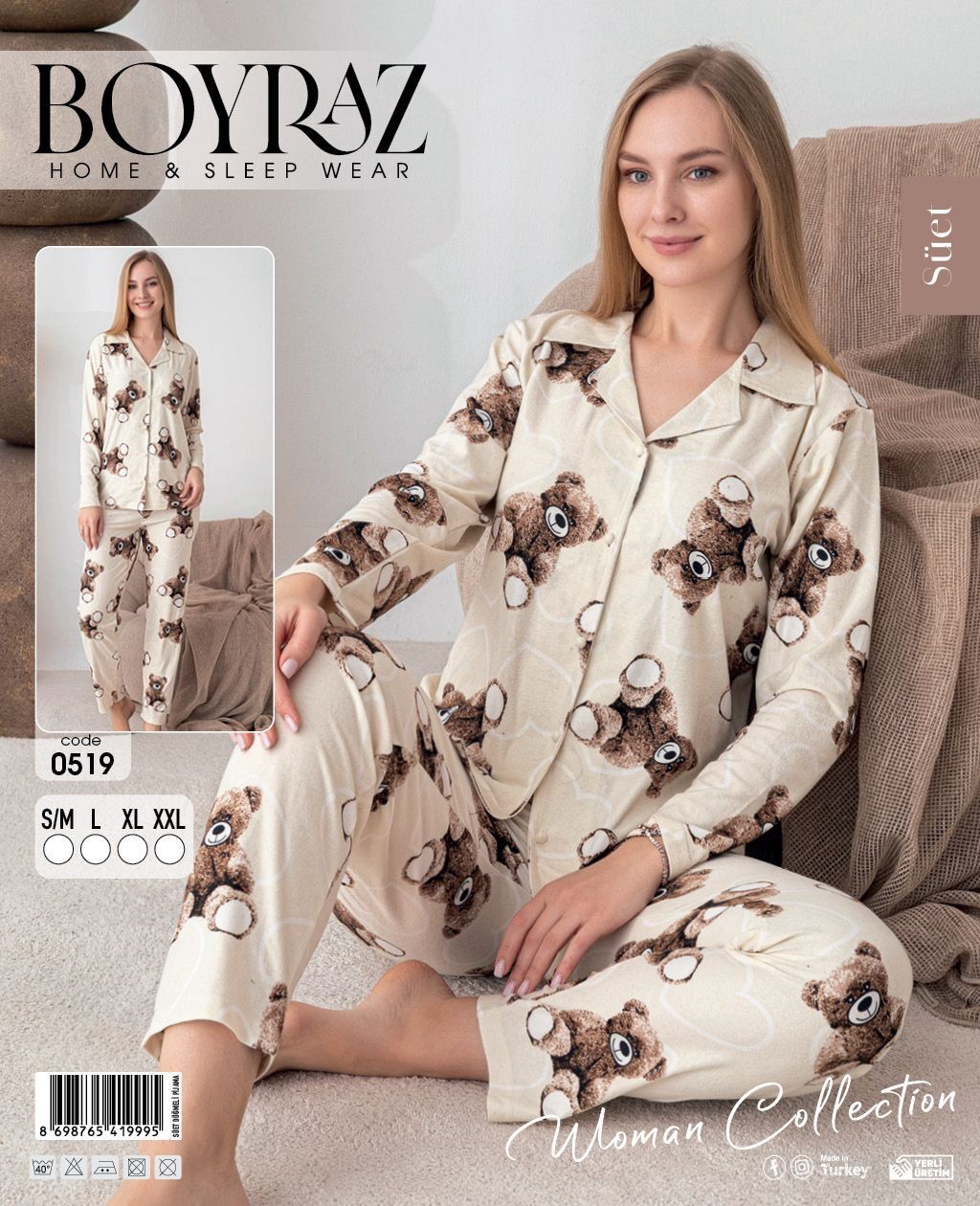 BOYRAZ 0519 BAYAN SÜET DÜĞMELİ PİJAMA TAKIM