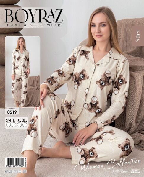 BOYRAZ 0519 BAYAN SÜET DÜĞMELİ PİJAMA TAKIM