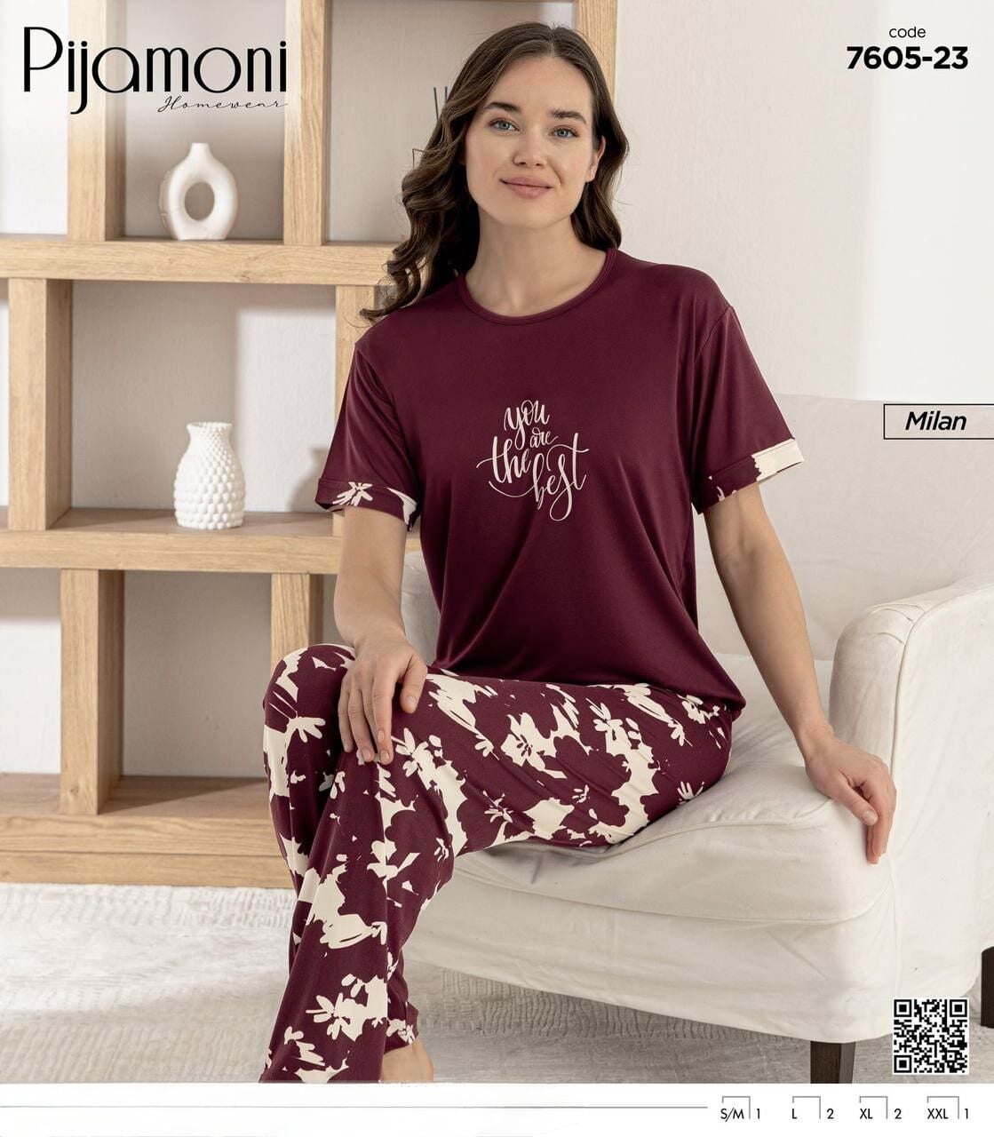 PİJAMONİ 7605-23 BAYAN KISA KOL MİLAN PİJAMA TAKIM