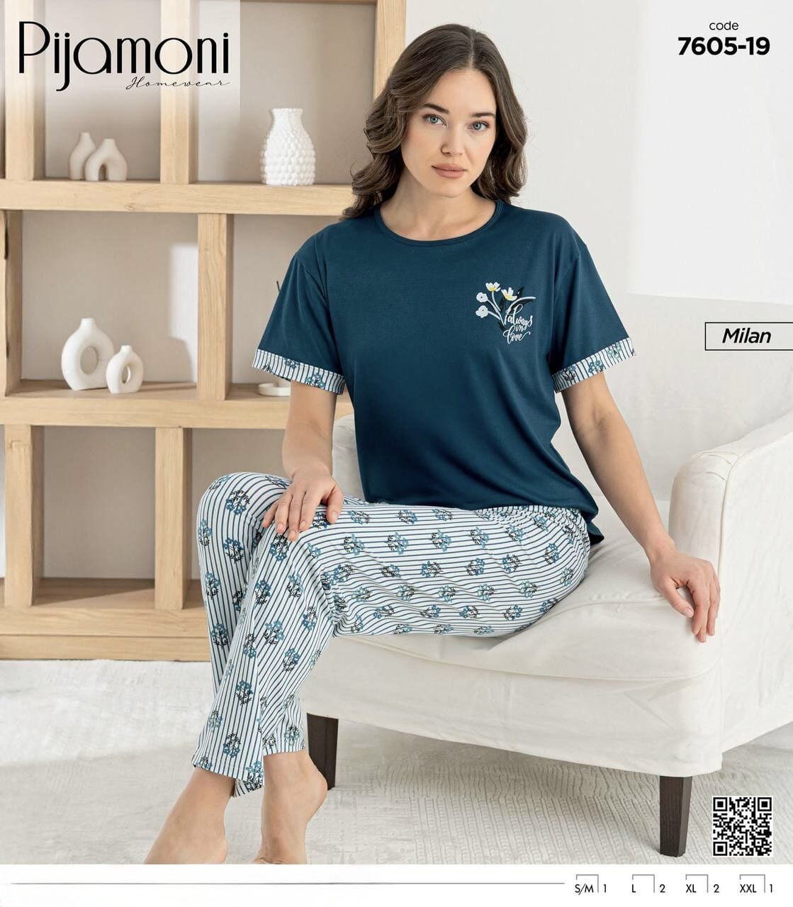 PİJAMONİ 7605-19 BAYAN KISA KOL MİLAN PİJAMA TKM