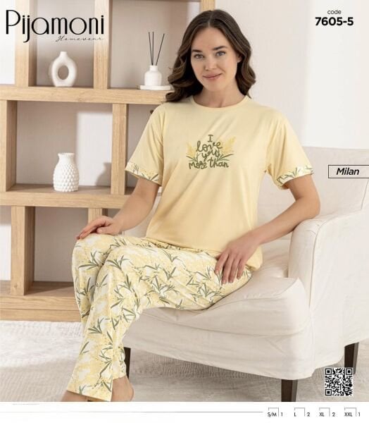 PİJAMONİ 7605-5 BAYAN KISA KOL MİLAN PİJAMA TAKIM