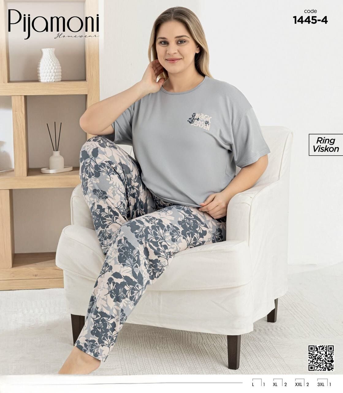 PİJAMONİ 1445-4 BAYAN R.VİSKON KISA KOL PİJAMA TK