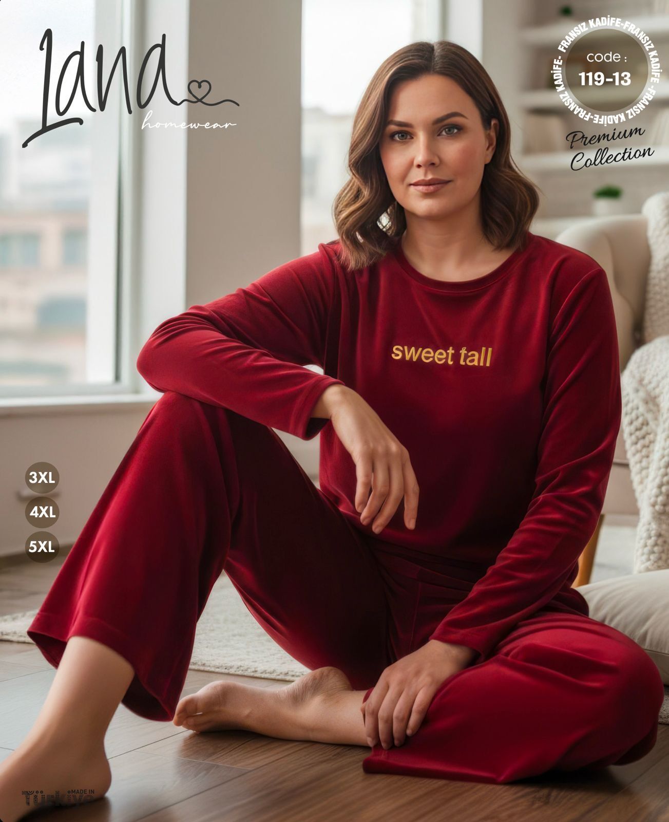 LANA 119-13 KADİFE BİSİKLET YAKA BATTAL PİJAMA TK