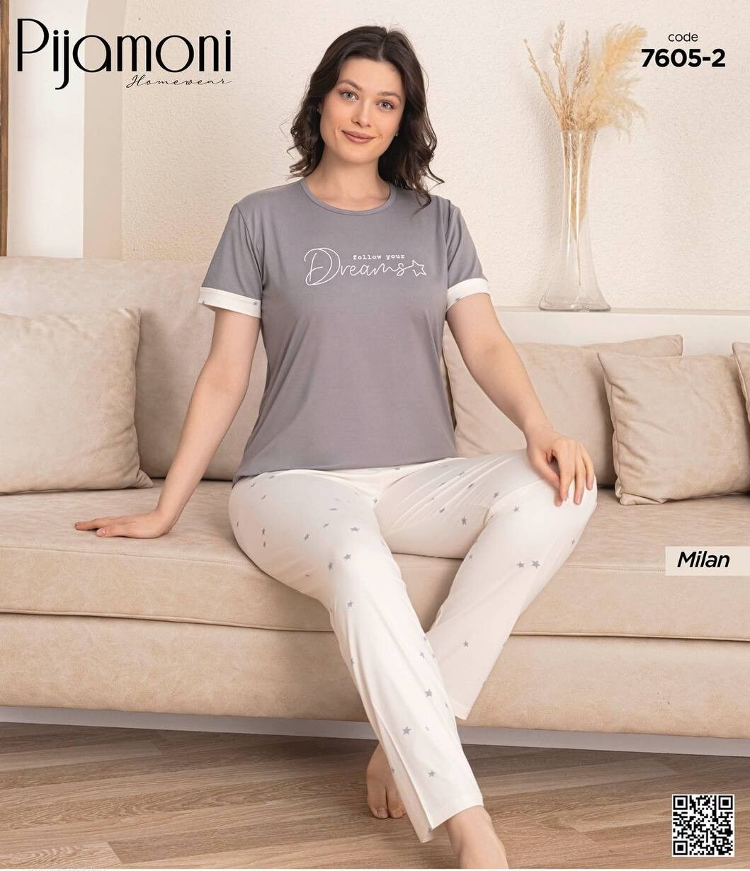 PİJAMONİ 7605-2 BAYAN KISA KOL MİLAN PİJAMA TAKIM