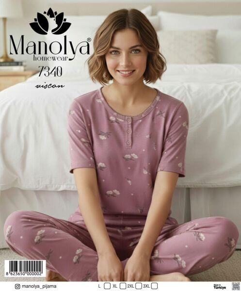 MANOLYA 7340 BAYAN VİSKON KISAKOL PİJAMA TK