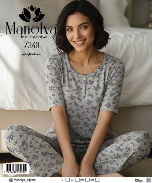 MANOLYA 7340 BAYAN VİSKON KISAKOL PİJAMA TK