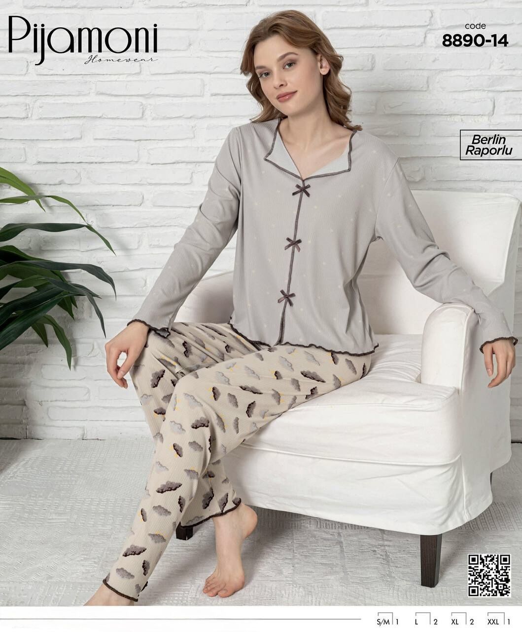 PİJAMONİ 8890-14 BAYAN BERLİN RAPORLU PİJAMA TAKIM