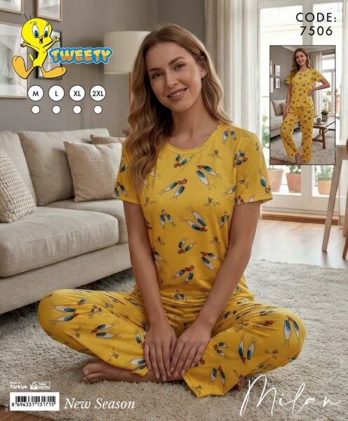 TİME MODA 7506 SARI MİLAN KISA KOL PİJAMA TAKIM
