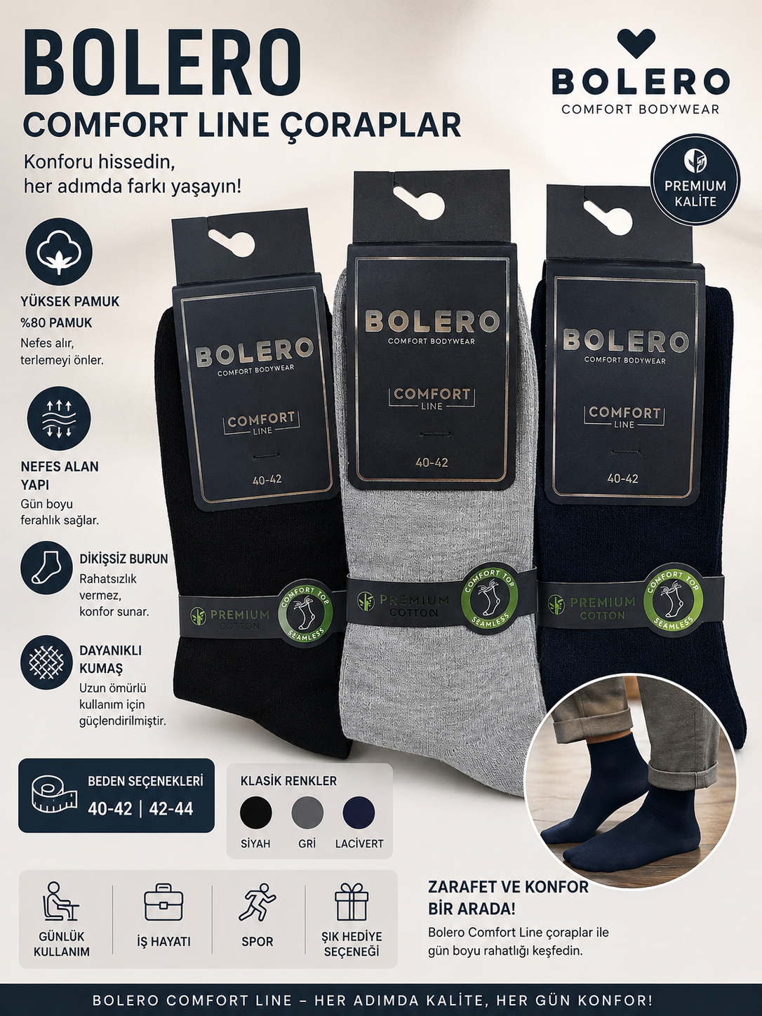 BOLERO E22 ROLL TOP DİYABETİK LASTİKSİZ ÇORAP