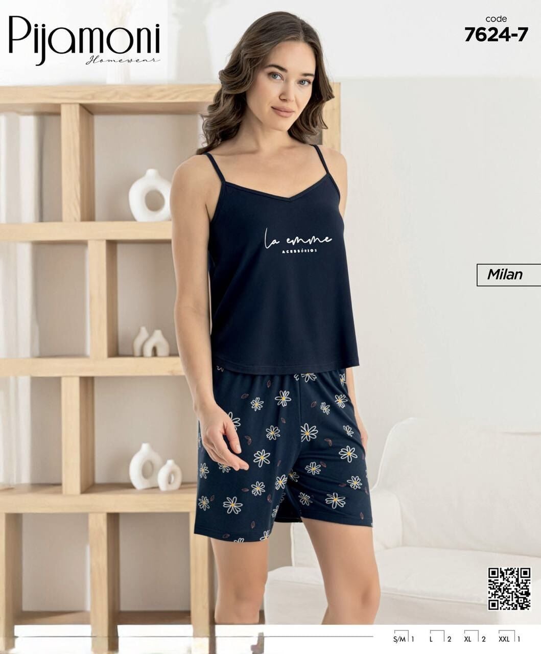 PİJAMONİ 7624-7 BAYAN MİLAN İP ASKILI ŞORTLU TAKIM
