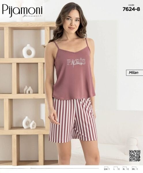 PİJAMONİ 7624-8 BAYAN MİLAN İP ASKILI ŞORTLU TAKIM