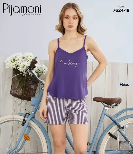 PİJAMONİ 7624-18 BAYAN MİLAN İP ASKILI ŞORTLU TK