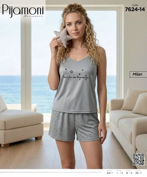PİJAMONİ 7624-14 BAYAN MİLAN İP ASKILI ŞORTLU TK
