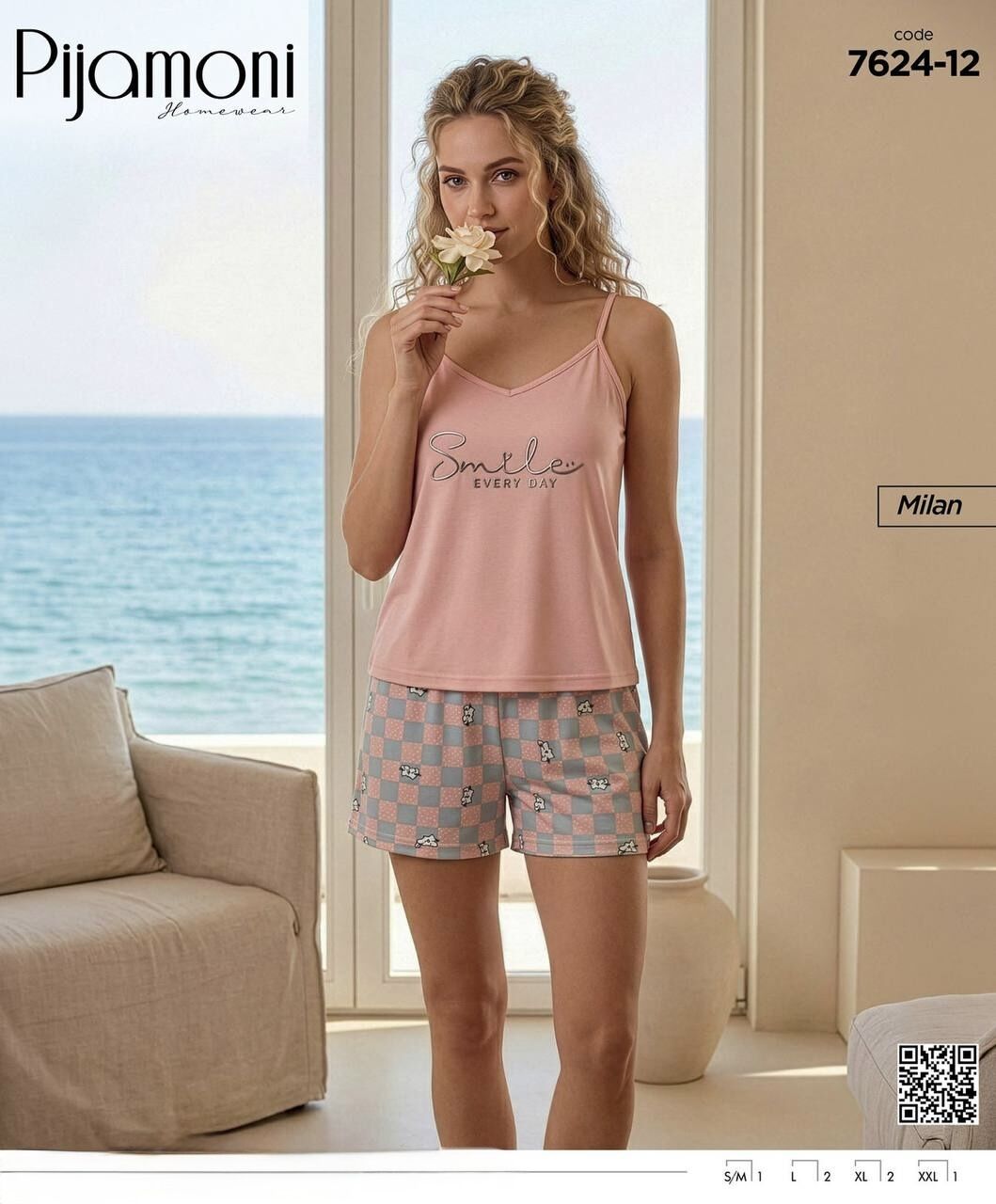 PİJAMONİ 7624-12 BAYAN MİLAN İP ASKILI ŞORTLU TK