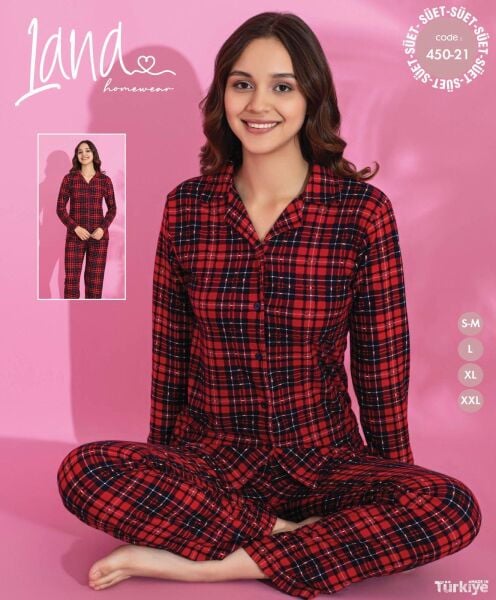 LANA 450-21 BAYAN SÜET DÜĞMELİ PİJAMA TAKIMI