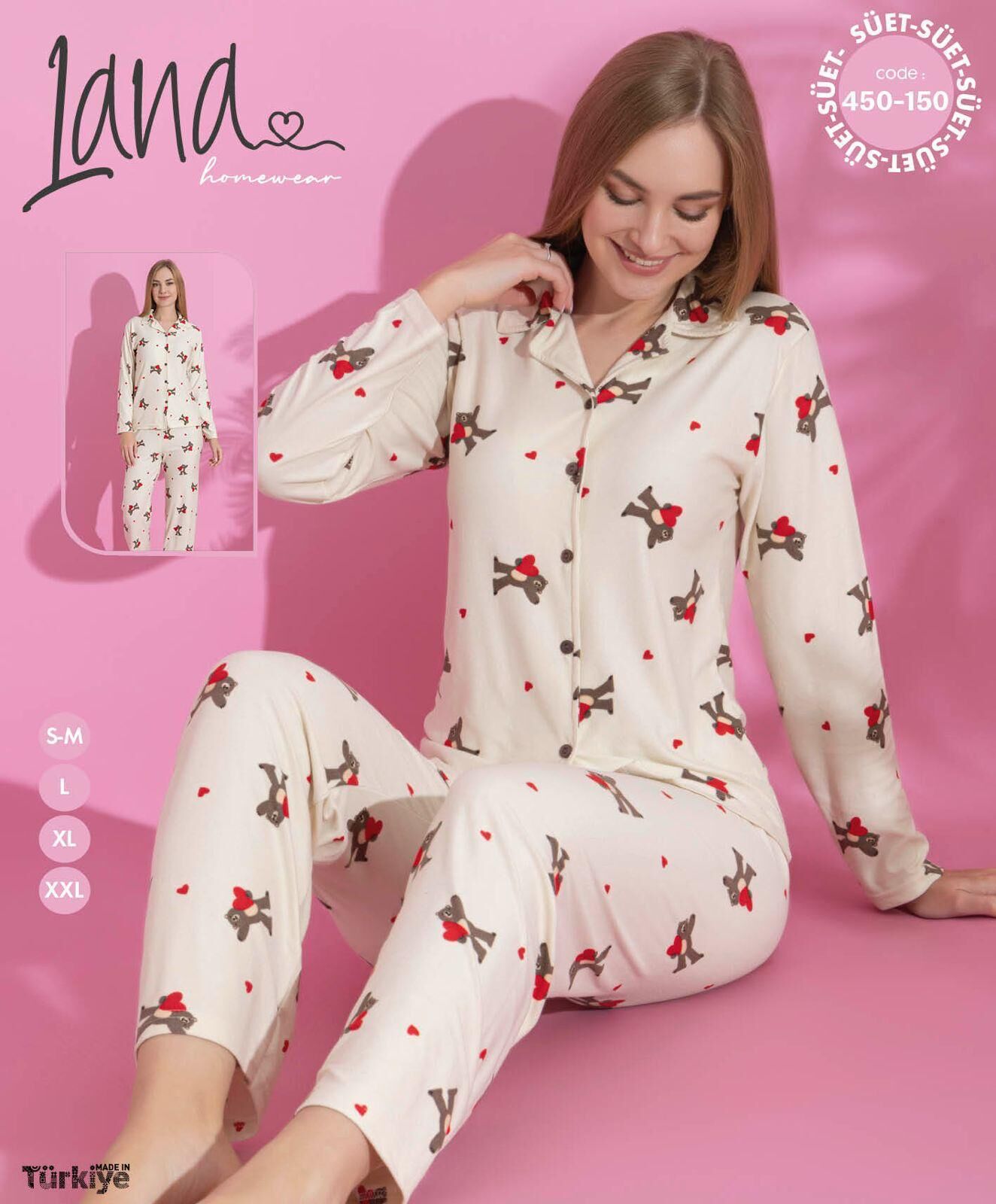 LANA 450-150 BAYAN SÜET DÜĞMELİ PİJAMA TAKIMI