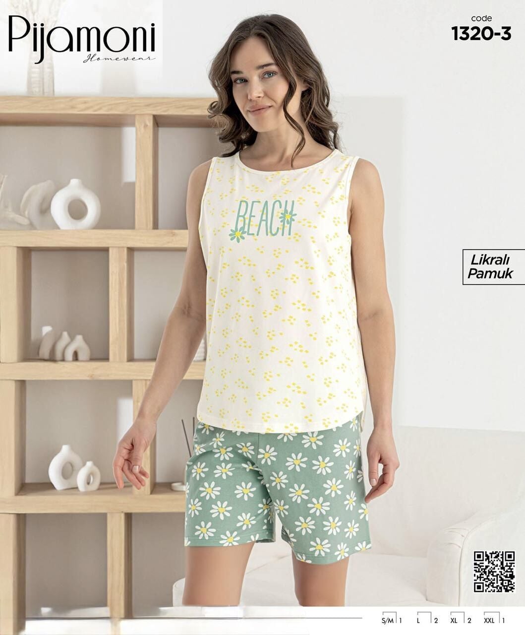 PİJAMONİ 1320-3 BAYAN SIFIRKOL ŞORTLU TAKIM