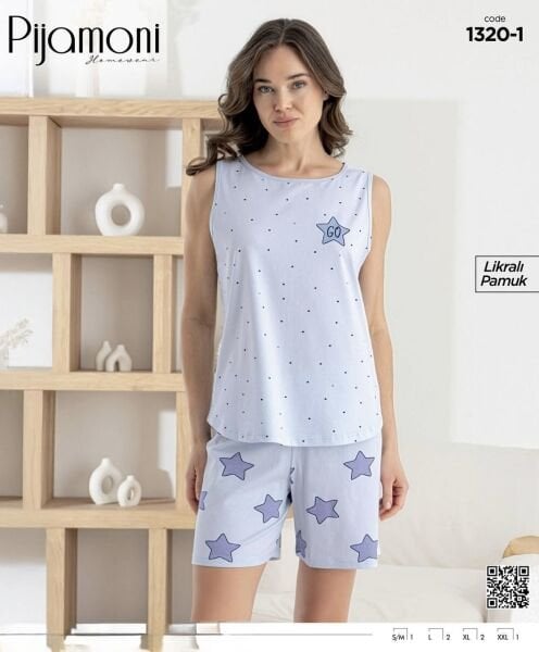 PİJAMONİ 1320-1 BAYAN SIFIRKOL ŞORTLU TAKIM