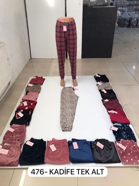 PİJAMONİ 476 BAYAN DESENLİ KADİFE MANŞETLİ TEK ALT