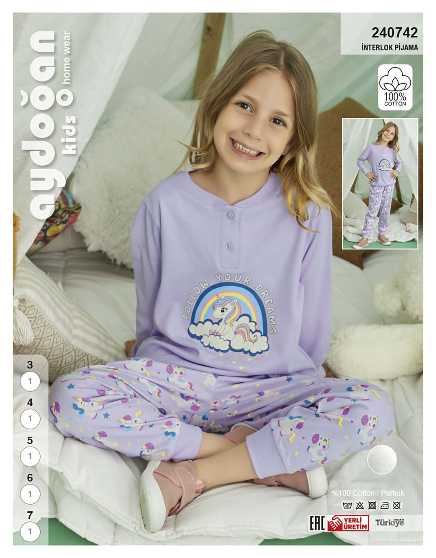 AYDOĞAN 240742 KIZ 3-7 YAŞ İNTERLOK PİJAMA TAKIM