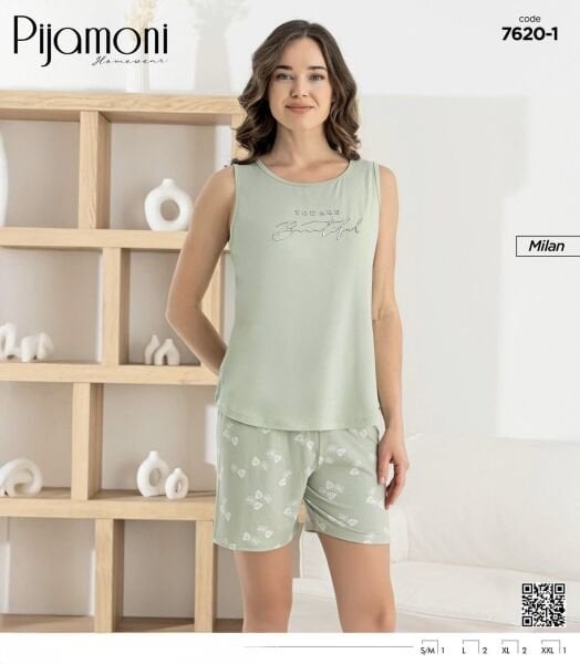 PİJAMONİ 7620-1 BAYAN MİLAN SIFIRKOL ŞORTLU TAKIM