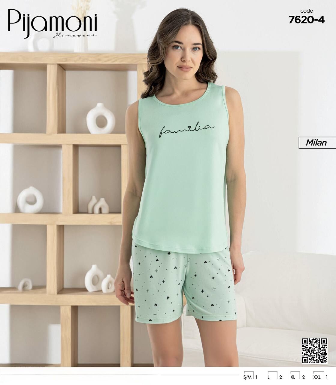 PİJAMONİ 7620-4 BAYAN MİLAN SIFIRKOL ŞORTLU TAKIM