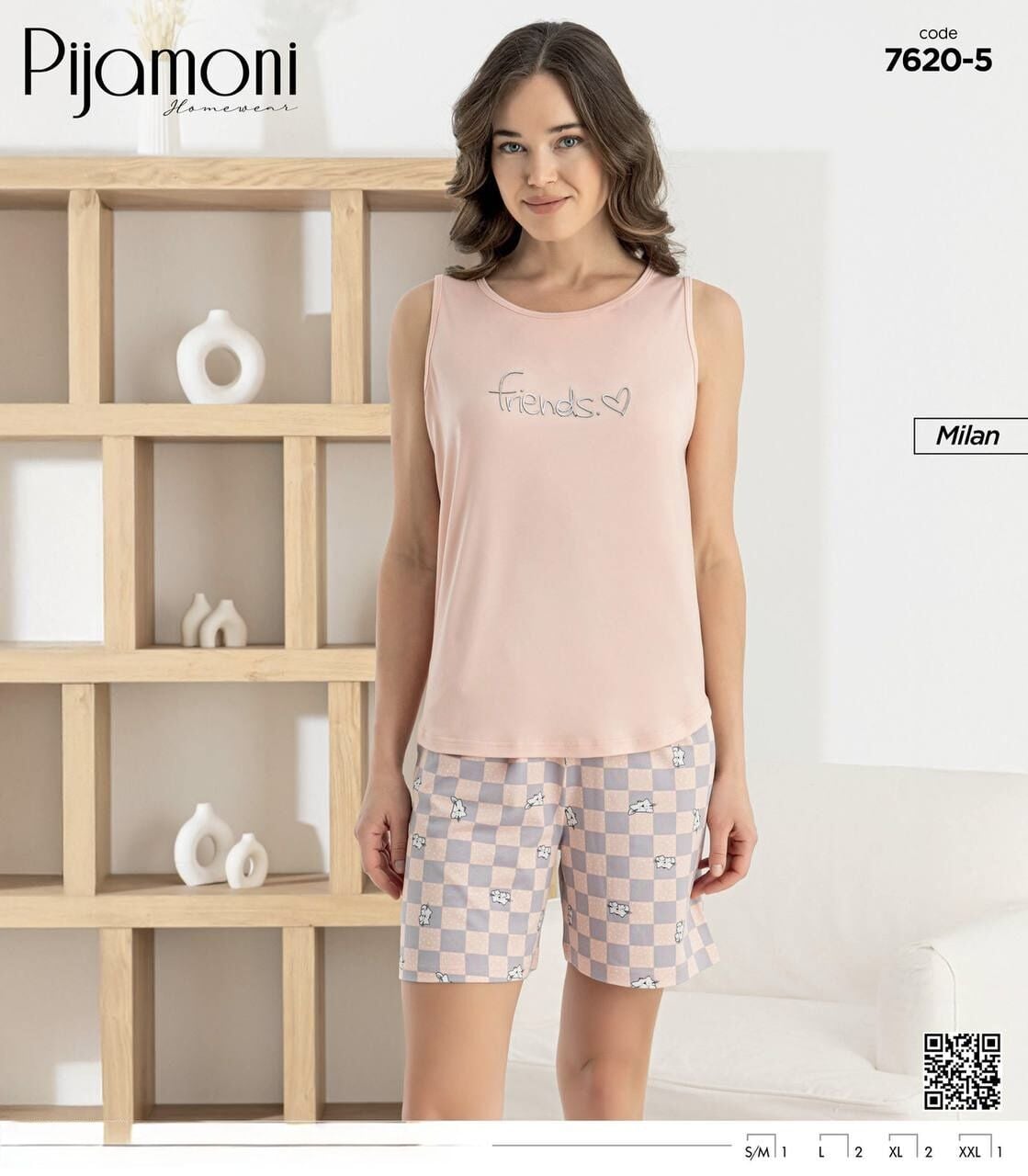 PİJAMONİ 7620-5 BAYAN MİLAN SIFIRKOL ŞORTLU TAKIM