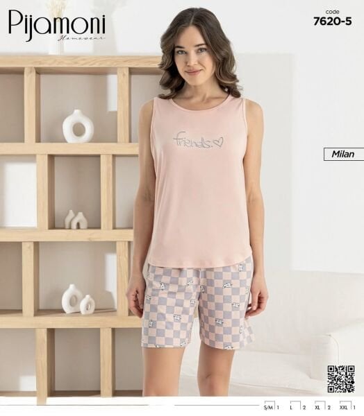 PİJAMONİ 7620-5 BAYAN MİLAN SIFIRKOL ŞORTLU TAKIM