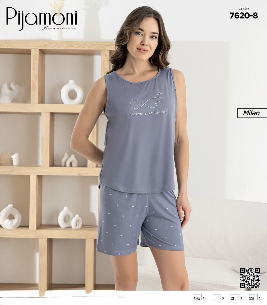 PİJAMONİ 7620-8 BAYAN MİLAN SIFIRKOL ŞORTLU TAKIM