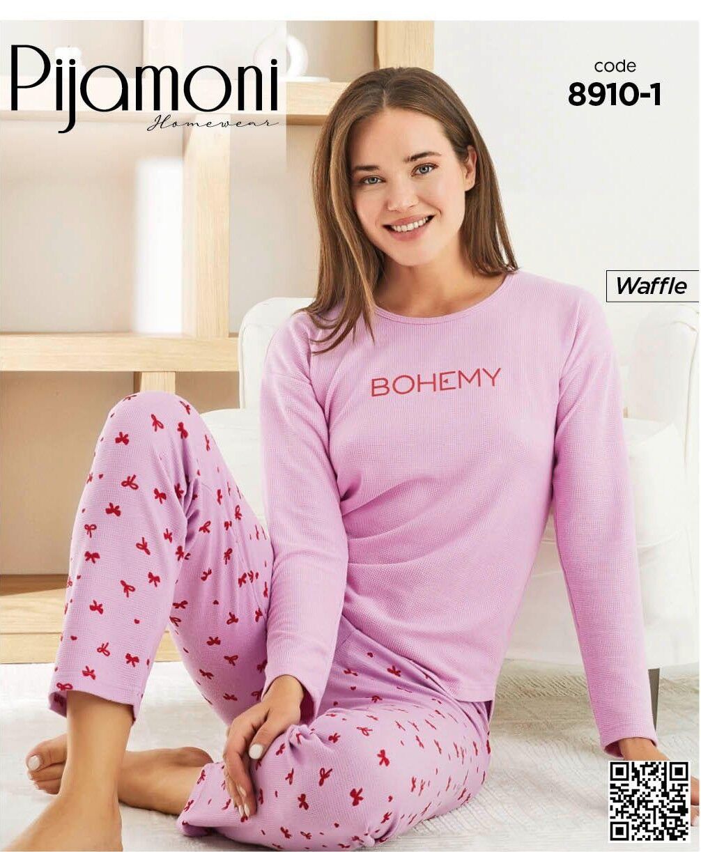 PİJAMONİ 8910-1 BAYAN WAFFLE PİJAMA TAKIM