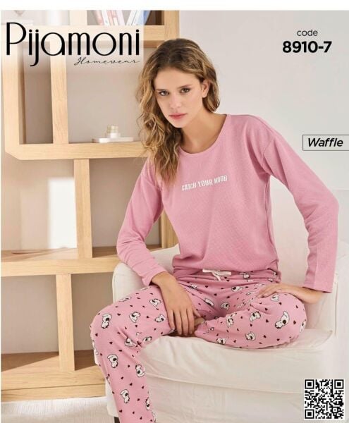 PİJAMONİ 8910-7 BAYAN WAFFLE PİJAMA TAKIM