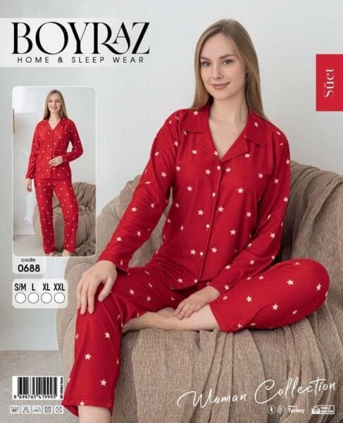BOYRAZ 0688 BAYAN SÜET DÜĞMELİ PİJAMA TAKIMI