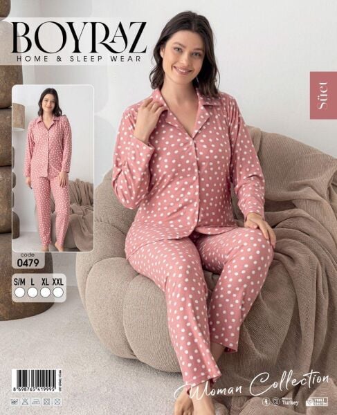 BOYRAZ 0479 BAYAN SÜET DÜĞMELİ PİJAMA TAKIMI