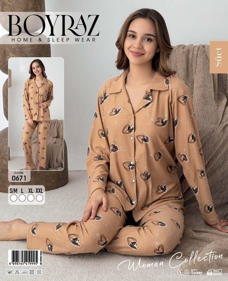 BOYRAZ 0671 BAYAN SÜET DÜĞMELİ PİJAMA TAKIMI
