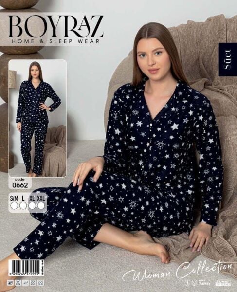 BOYRAZ 0662 BAYAN SÜET DÜĞMELİ PİJAMA TAKIMI