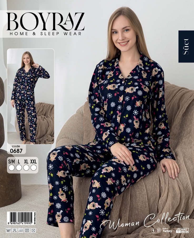 BOYRAZ 0687 BAYAN SÜET DÜĞMELİ PİJAMA TAKIMI