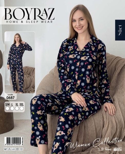 BOYRAZ 0687 BAYAN SÜET DÜĞMELİ PİJAMA TAKIMI